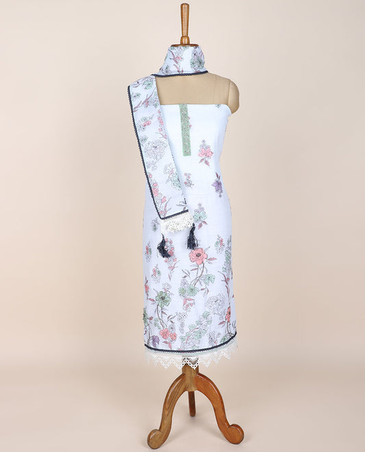 White chudidhar material set,floral printed & embroidered top, plain bottom & floral printed & embroidered dupatta