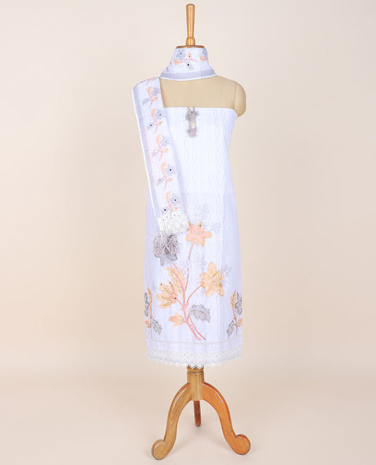 White chudidhar material set, floral motifs print & embroidered top, plain bottom & floral printed & mirrorwork  dupatta