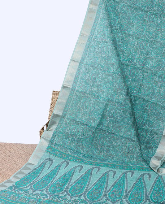 Blue paisley printed budget cotton saree, vidarbha border & pallu of paisley design print