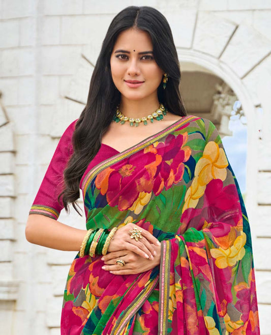 Multi-color floral printed casual wear catalog saree, lace border