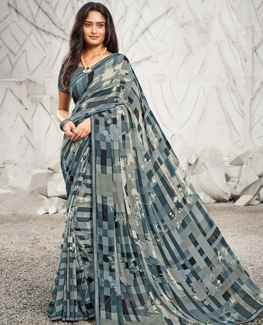 Grey checks & floral vine printed casual wear catalog saree