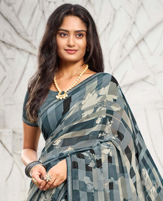 Grey checks & floral vine printed casual wear catalog saree