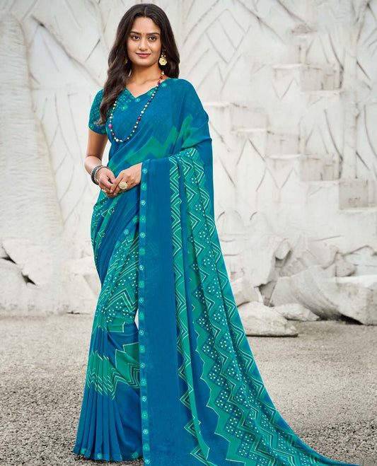Blue chevron stripes printed casual wear catalog saree, self-border
