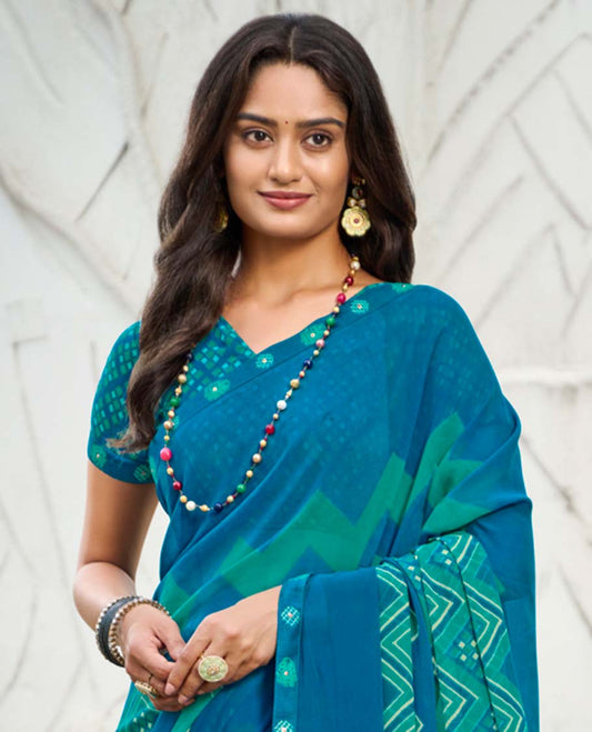 Blue chevron stripes printed casual wear catalog saree, self-border