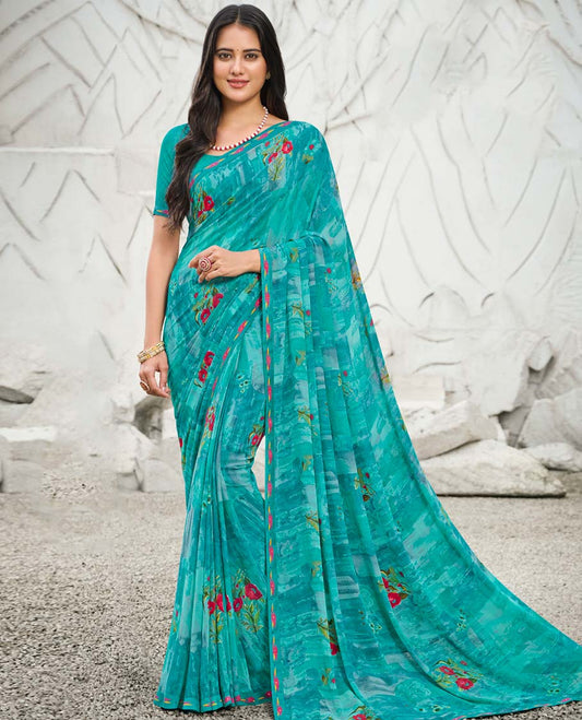 Blue abstract & floral motifs printed casual wear catalog saree, ikkat border