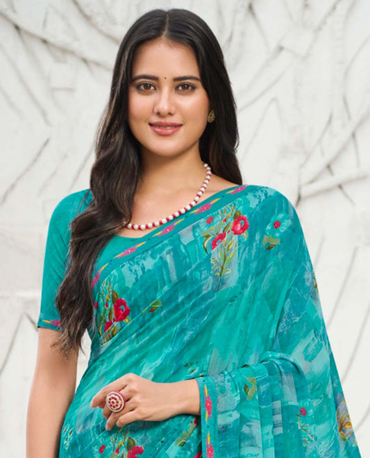 Blue abstract & floral motifs printed casual wear catalog saree, ikkat border