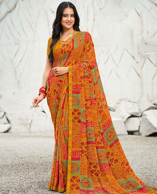 Orange intricate paisley printed casual wear catalog saree, lace border