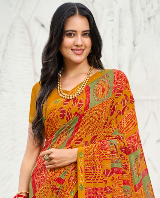 Orange intricate paisley printed casual wear catalog saree, lace border