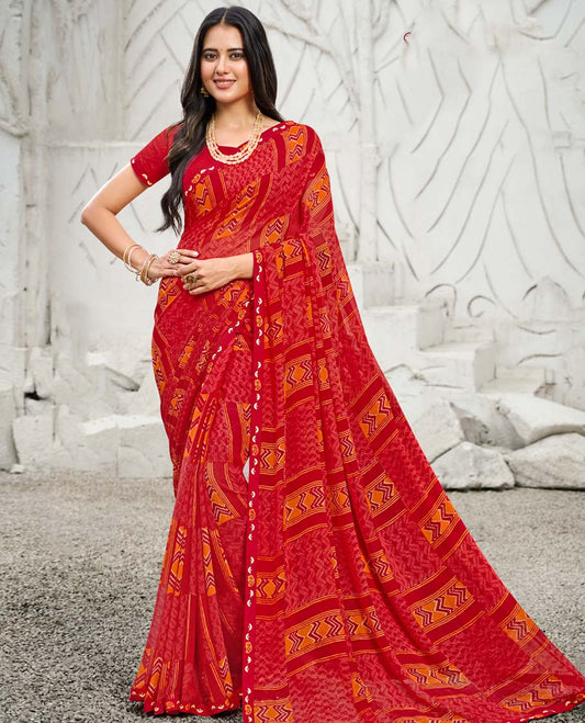 Red paisley & geometric patterned printed casual wear catalog saree, self-border