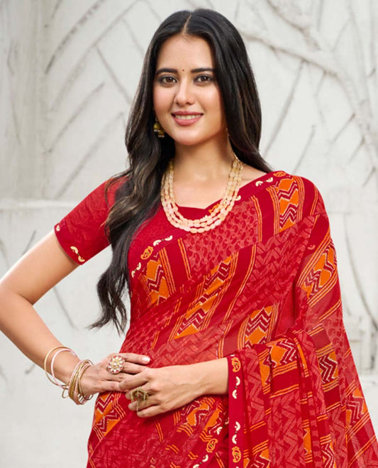 Red paisley & geometric patterned printed casual wear catalog saree, self-border