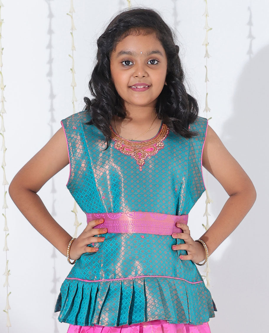 Pink jacquard readymade art silk pavadai, contrast traditional zari border & jacquard & embroidered sleeveless blouse
