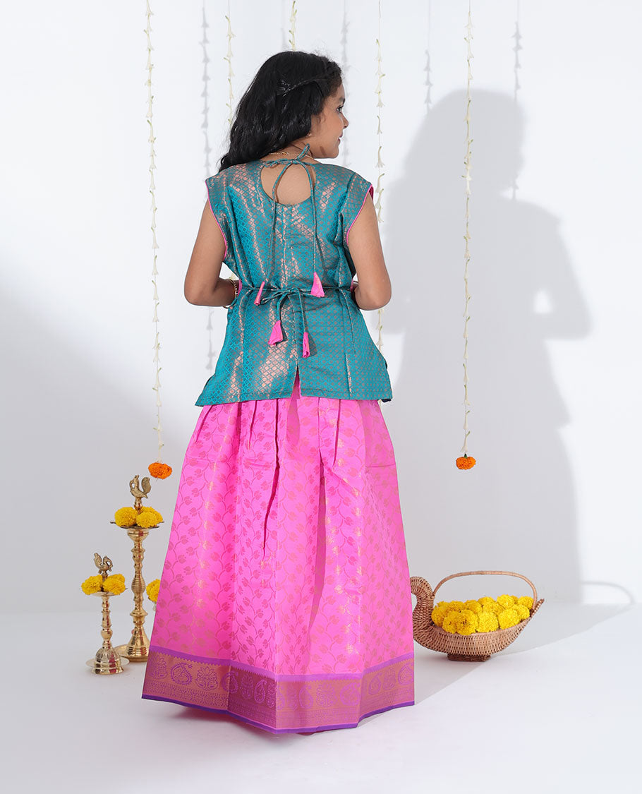 Pink jacquard readymade art silk pavadai, contrast traditional zari border & jacquard & embroidered sleeveless blouse