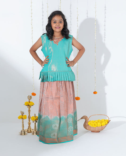 Grey jacquard readymade art silk pavadai, paisley zari border & jacquard & embroidered sleeveless blouse