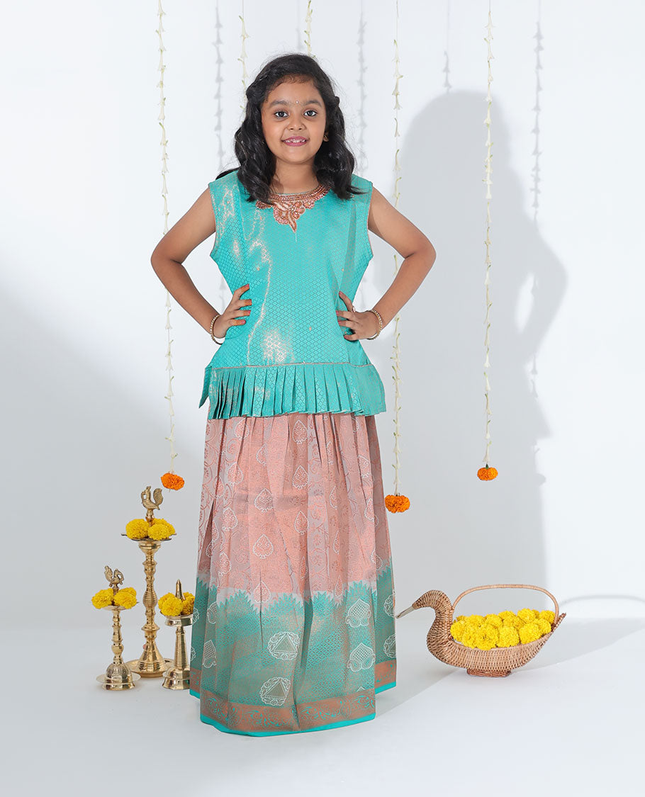 Grey jacquard readymade art silk pavadai, paisley zari border & jacquard & embroidered sleeveless blouse