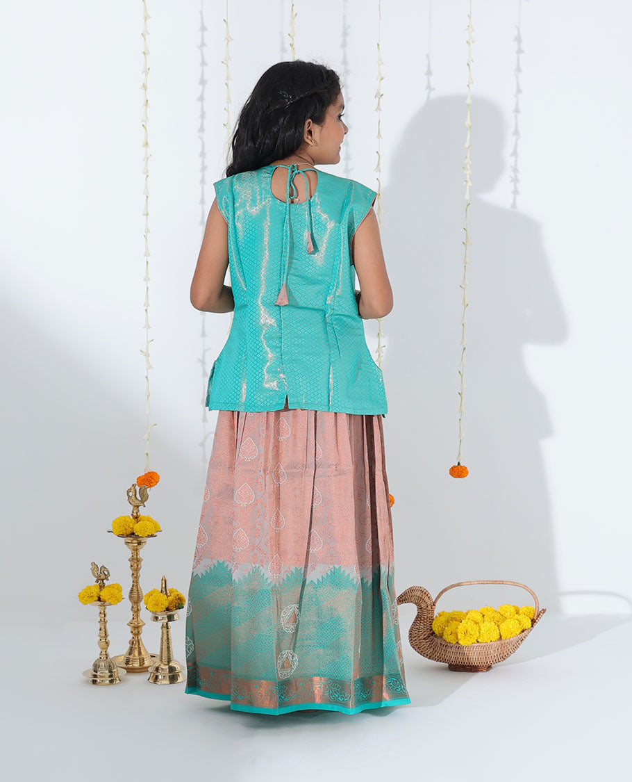 Grey jacquard readymade art silk pavadai, paisley zari border & jacquard & embroidered sleeveless blouse
