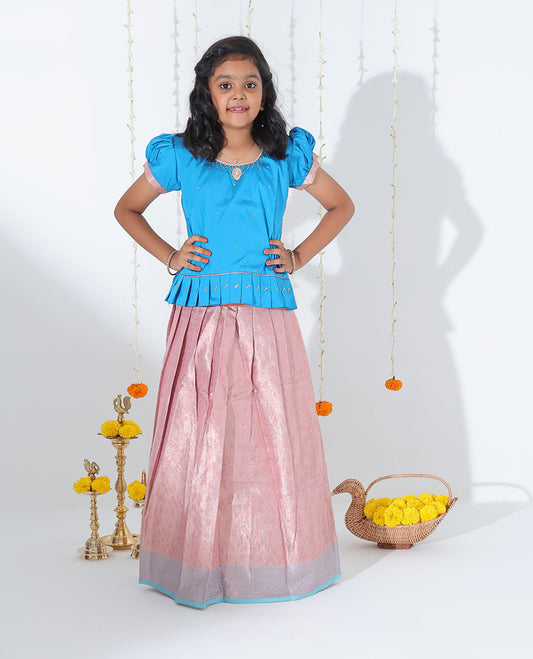 Pink jacquard readymade art silk pavadai with contrast floral design zari border & embroidery puff-sleeve blouse