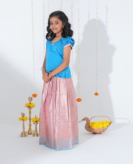 Pink jacquard readymade art silk pavadai with contrast floral design zari border & embroidery puff-sleeve blouse