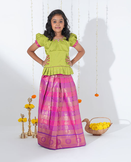 Pink jacquard readymade art silk pavadai with contrast zari design border & embroidery puff-sleeve blouse