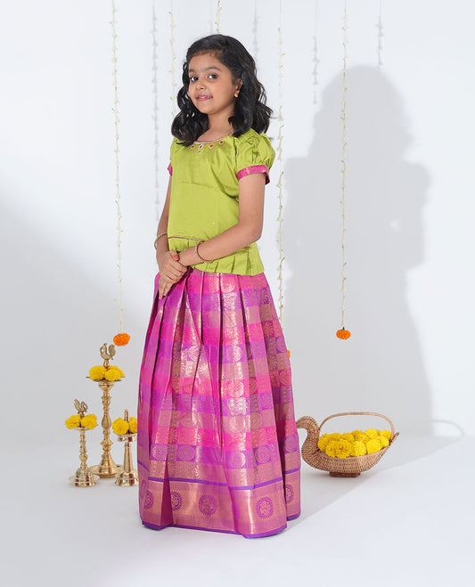 Pink jacquard readymade art silk pavadai with contrast zari design border & embroidery puff-sleeve blouse