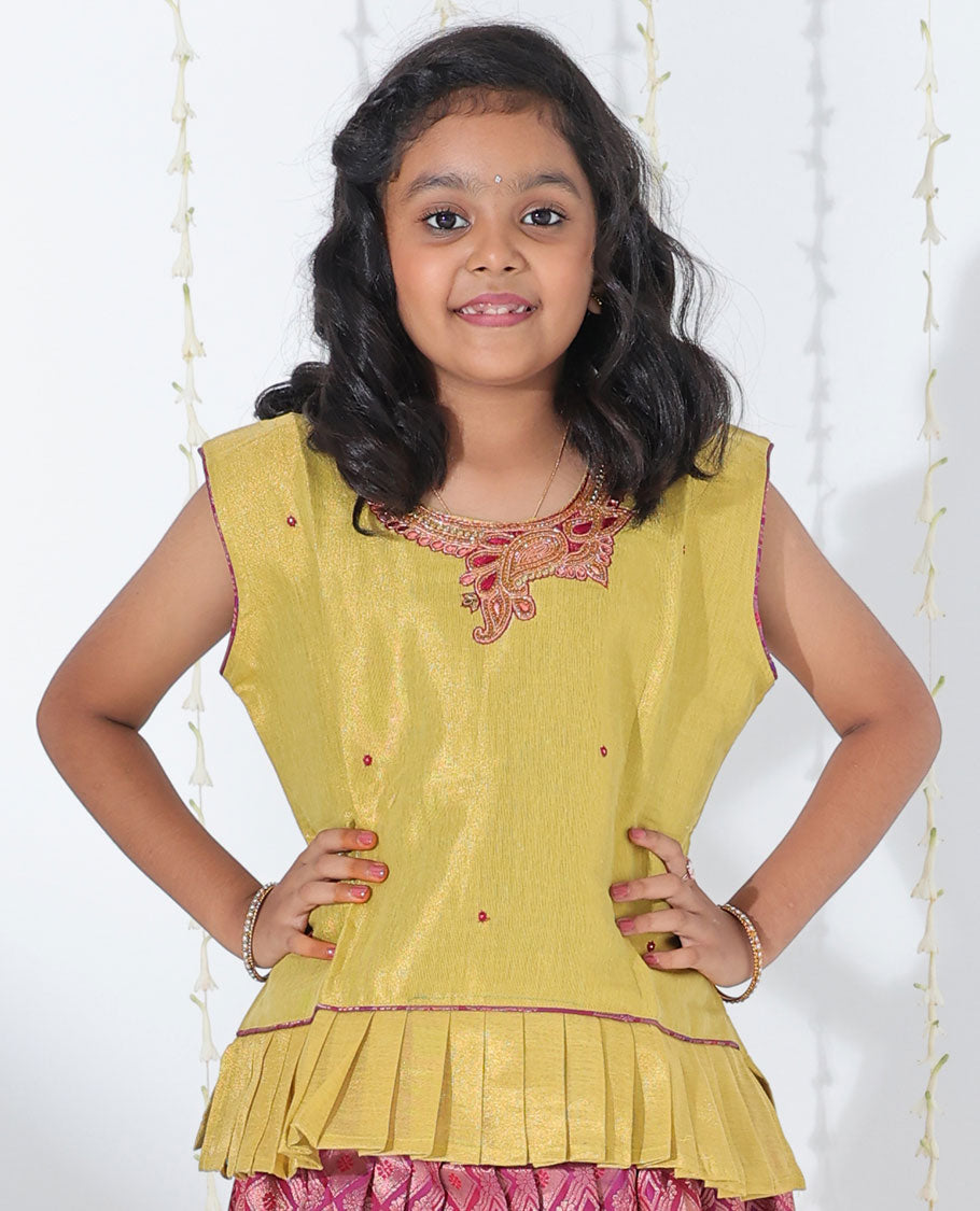 Purple jacquard readymade art silk pavadai with contrast traditional zari design border & embroidery sleeveless blouse