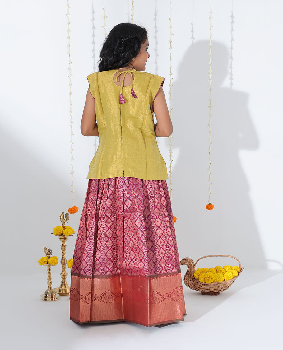 Purple jacquard readymade art silk pavadai with contrast traditional zari design border & embroidery sleeveless blouse