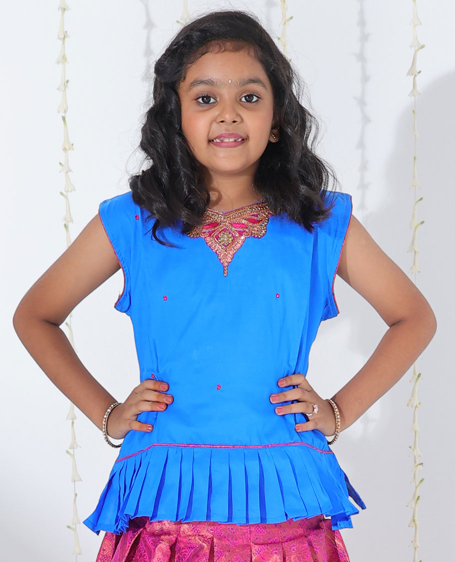 Pink jacquard readymade art silk pavadai with contrast floral creeper zari design border & embroidery sleeveless blouse