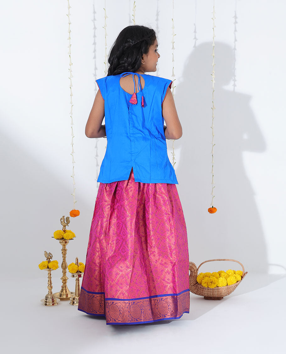Pink jacquard readymade art silk pavadai with contrast floral creeper zari design border & embroidery sleeveless blouse