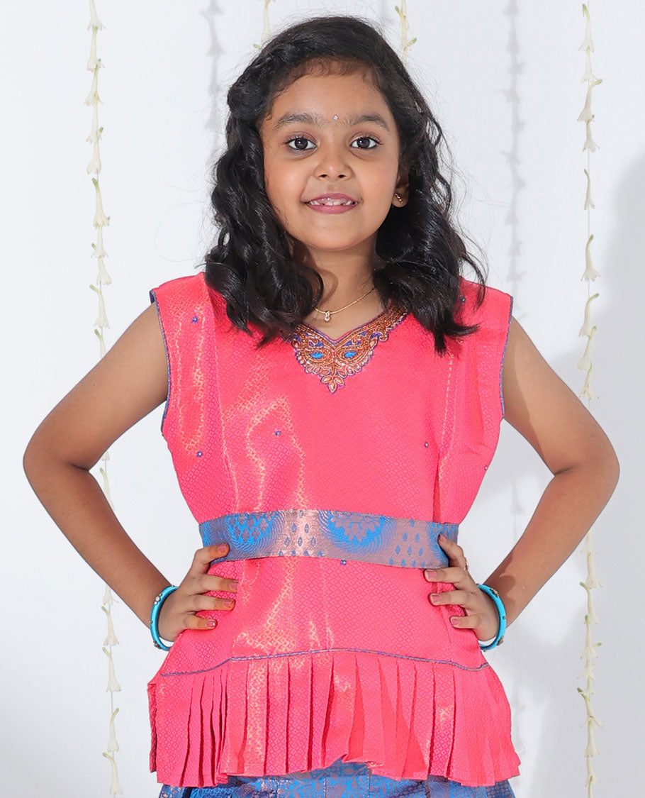 Blue jacquard readymade art silk pavadai with zari design border & contrast embroidery sleeveless blouse