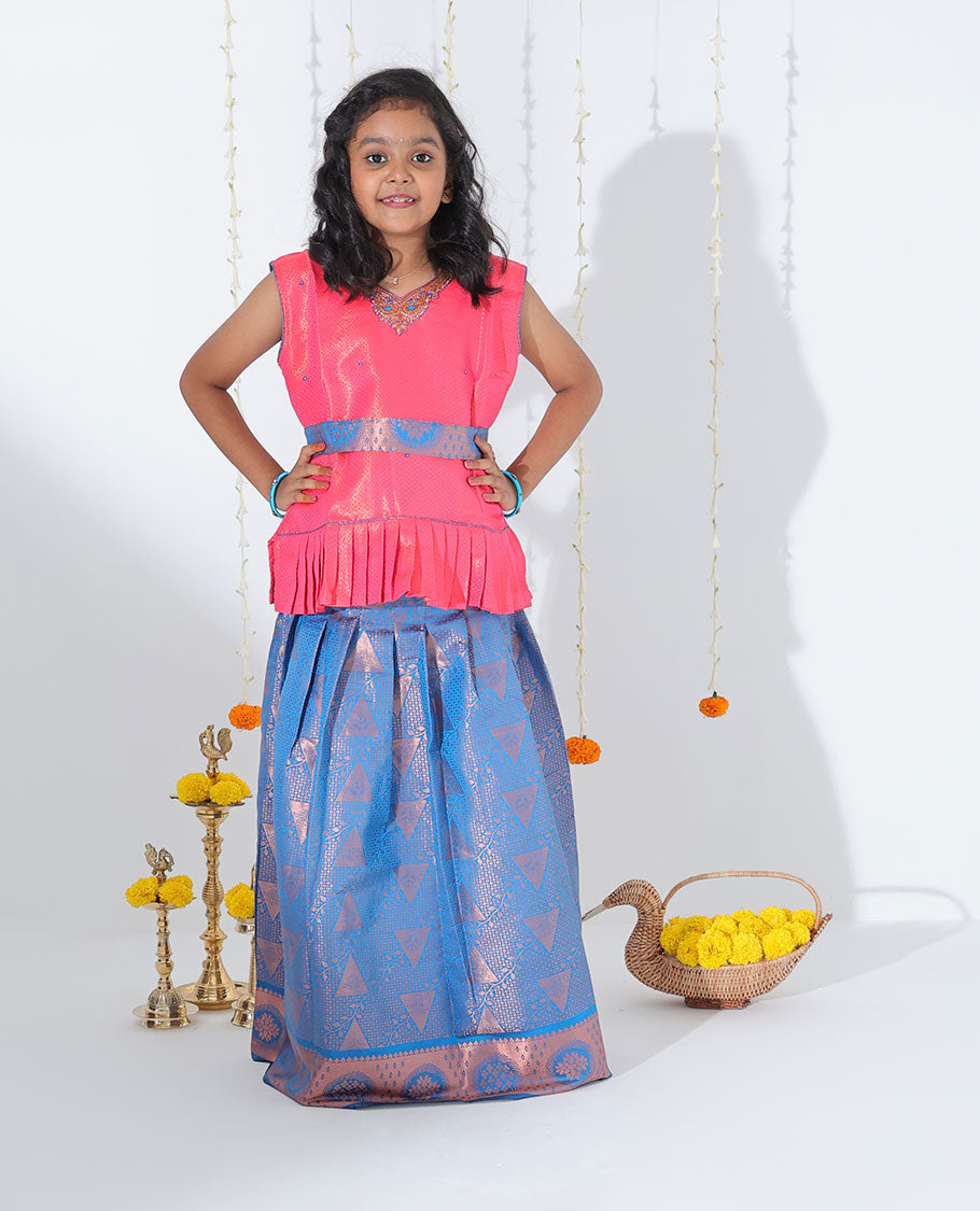 Blue jacquard readymade art silk pavadai with zari design border & contrast embroidery sleeveless blouse