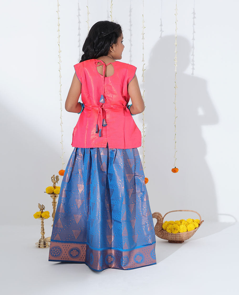 Blue jacquard readymade art silk pavadai with zari design border & contrast embroidery sleeveless blouse