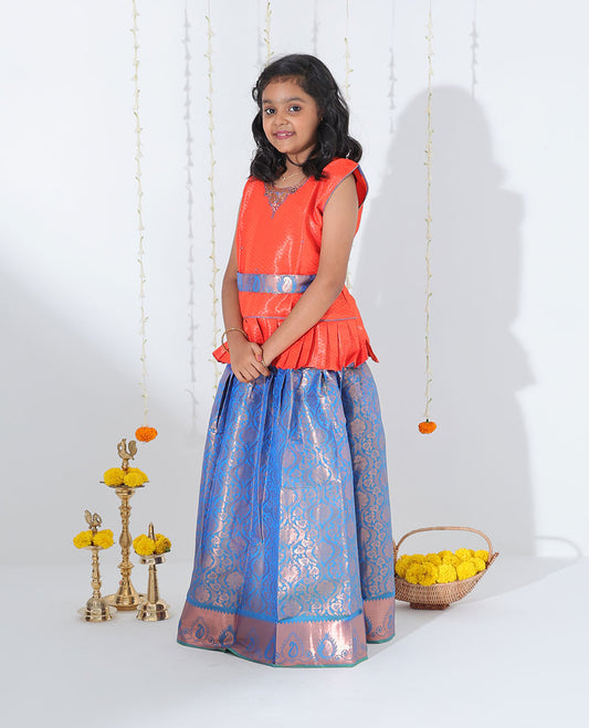 Blue jacquard readymade art silk pavadai with traditional zari border & contrast embossed & embroidery sleeveless blouse