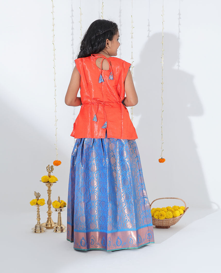 Blue jacquard readymade art silk pavadai with traditional zari border & contrast embossed & embroidery sleeveless blouse