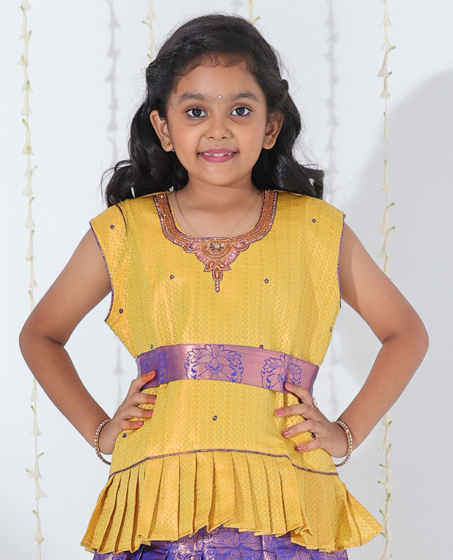 Blue jacquard readymade art silk pavadai, zari border & jacquard & embroidered sleeveless blouse