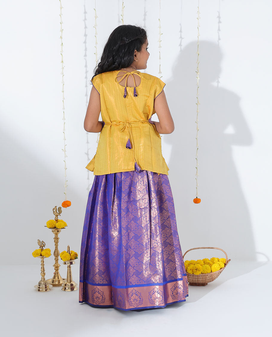 Blue jacquard readymade art silk pavadai, zari border & jacquard & embroidered sleeveless blouse