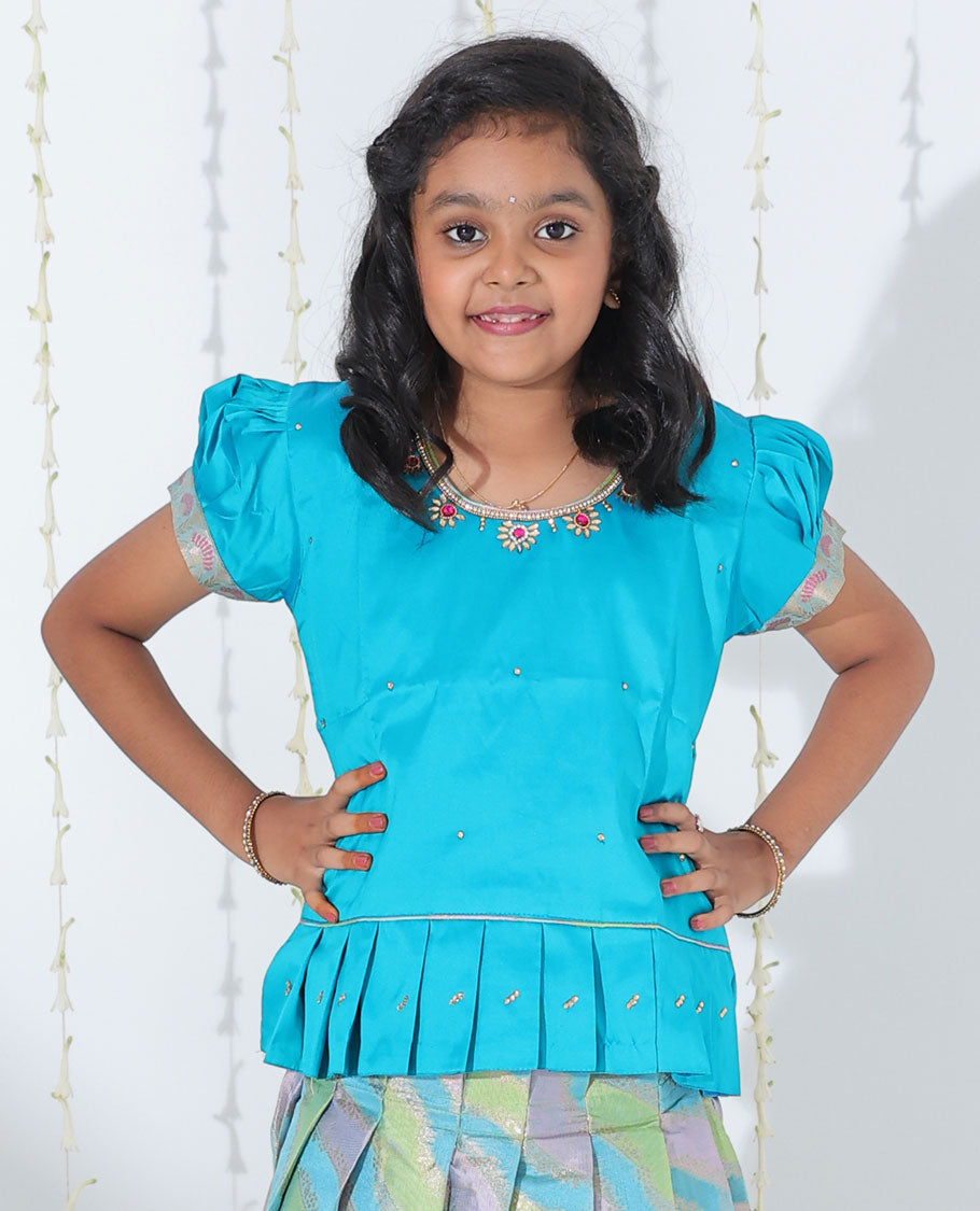 Multi-color rangkat jacquard readymade art silk pavadai,traditional zari border & contrast embroidery puff-sleeve blouse