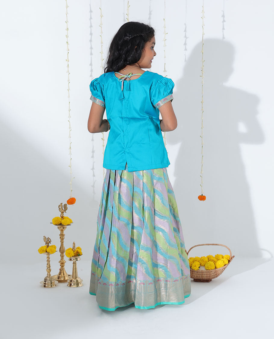 Multi-color rangkat jacquard readymade art silk pavadai,traditional zari border & contrast embroidery puff-sleeve blouse