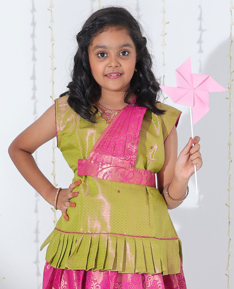 Pink jacquard readymade art silk pavadai, contrast traditional zari border, jacquard with embroidery sleeveless blouse