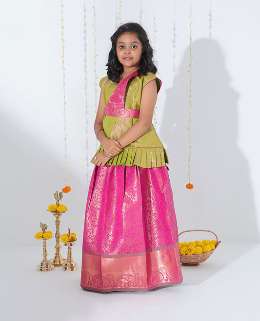 Pink jacquard readymade art silk pavadai, contrast traditional zari border, jacquard with embroidery sleeveless blouse