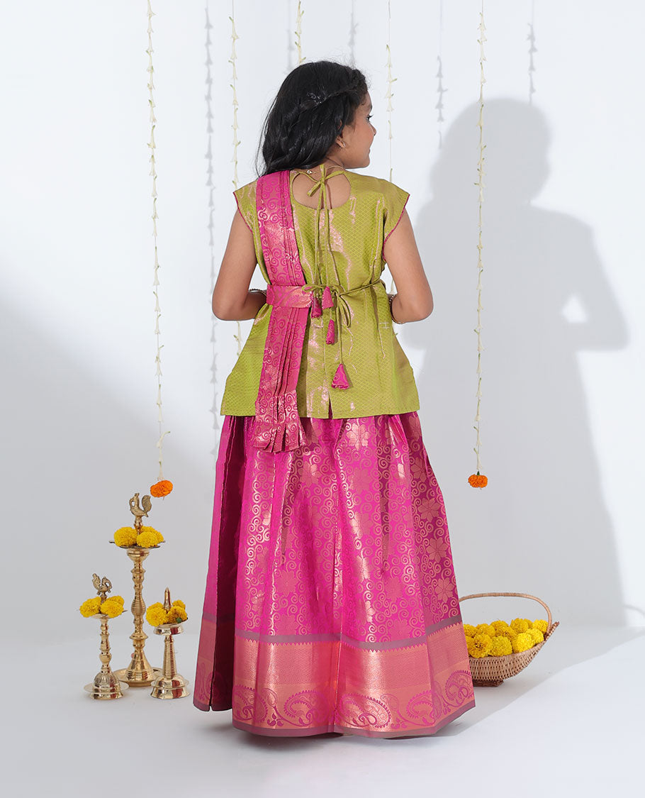 Pink jacquard readymade art silk pavadai, contrast traditional zari border, jacquard with embroidery sleeveless blouse