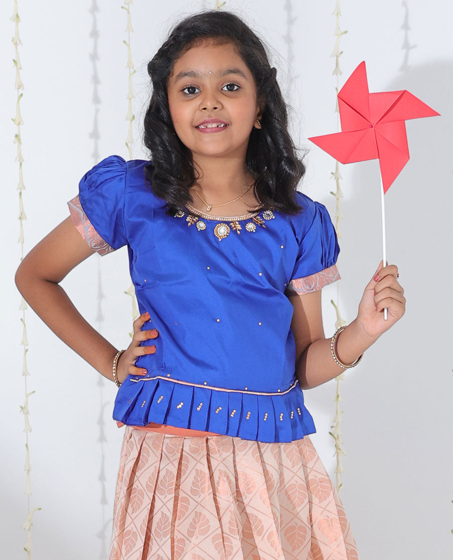 Sandal leaf jacquard readymade art silk pavadai, contrast traditional zari border & embroidery puff-sleeve blouse
