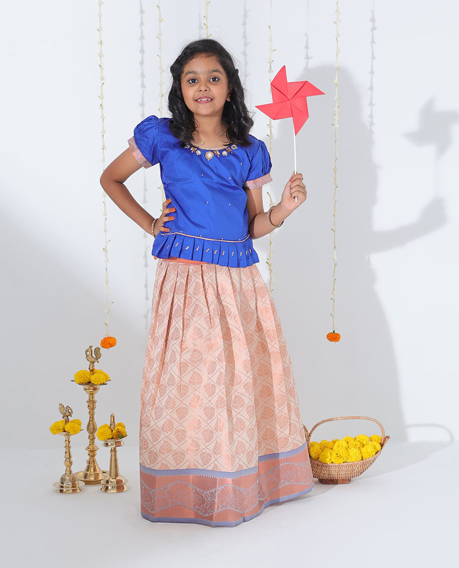 Sandal leaf jacquard readymade art silk pavadai, contrast traditional zari border & embroidery puff-sleeve blouse