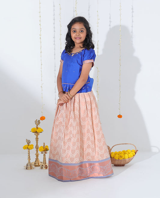 Sandal leaf jacquard readymade art silk pavadai, contrast traditional zari border & embroidery puff-sleeve blouse