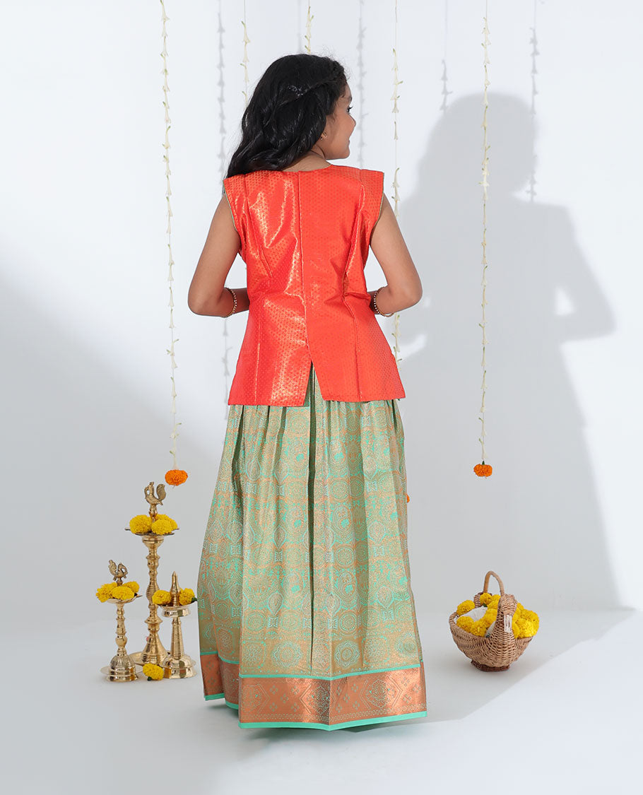 Green jacquard readymade art silk pavadai, traditional zari border & contrast embroidery sleeveless blouse