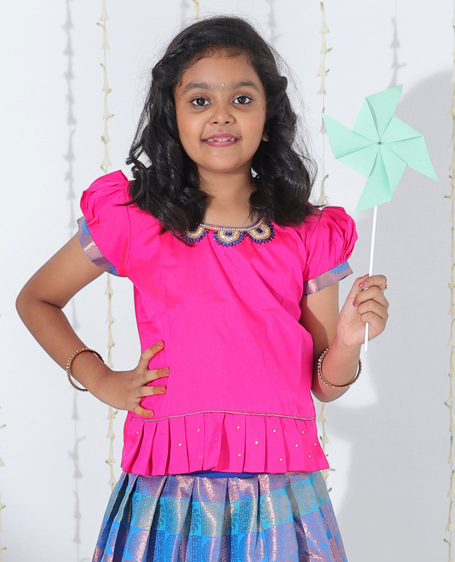 Blue jacquard readymade art silk pavadai with contrast zari design border & embroidery puff-sleeve blouse