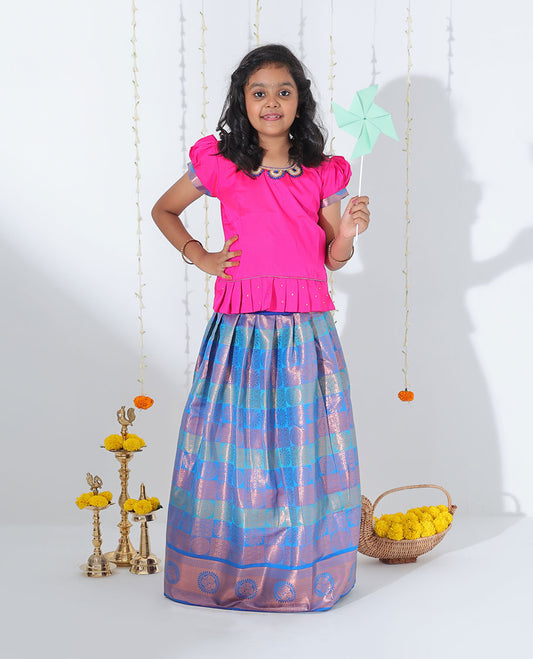 Blue jacquard readymade art silk pavadai with contrast zari design border & embroidery puff-sleeve blouse