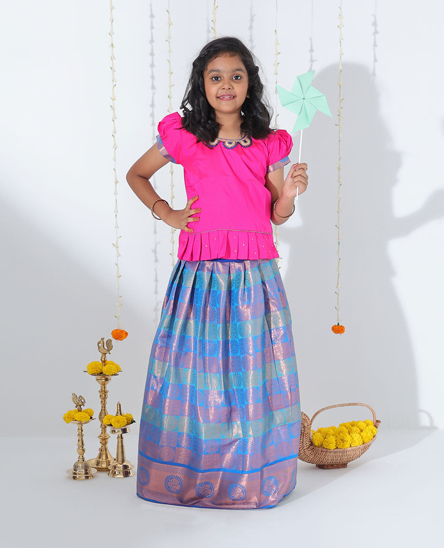 Blue jacquard readymade art silk pavadai with contrast zari design border & embroidery puff-sleeve blouse