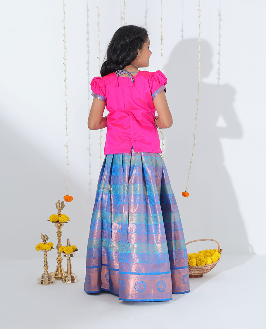 Blue jacquard readymade art silk pavadai with contrast zari design border & embroidery puff-sleeve blouse