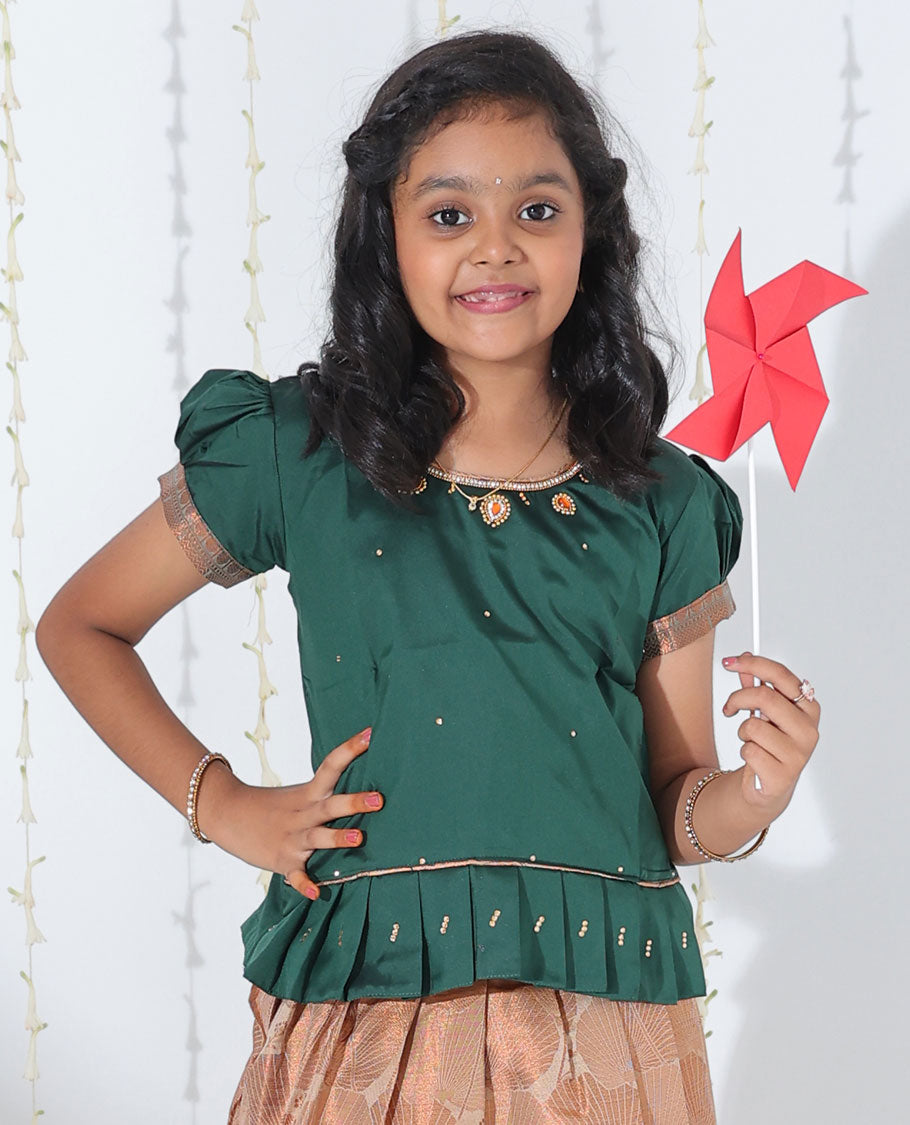 Sandal jacquard readymade art silk pavadai with contrast traditional zari design border & embroidery puff-sleeve blouse