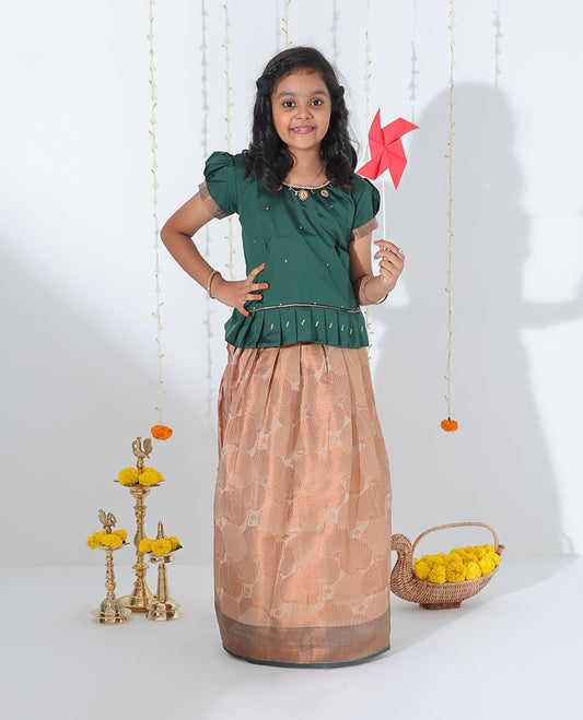 Sandal jacquard readymade art silk pavadai with contrast traditional zari design border & embroidery puff-sleeve blouse