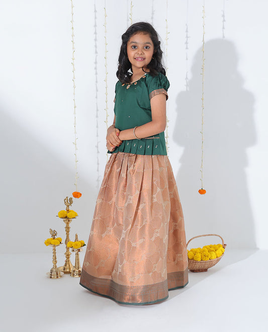 Sandal jacquard readymade art silk pavadai with contrast traditional zari design border & embroidery puff-sleeve blouse